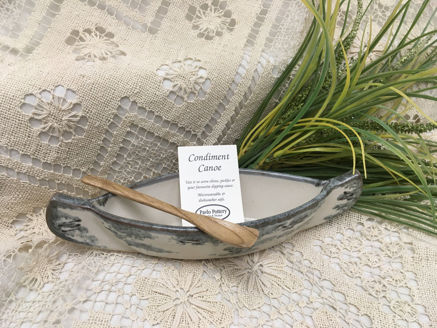 Canoe with paddle, Birch Bark - Pavlo Pottery - Canadian Handmade