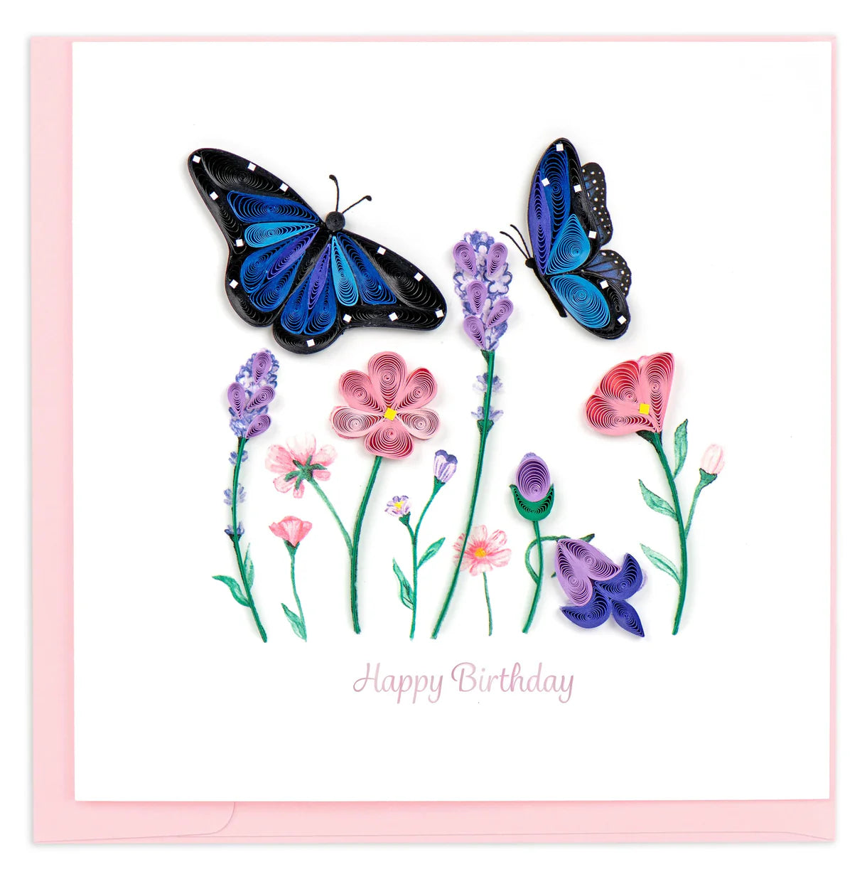 Quilling Card - Birthday Flowers & Blue Butterflies - handcrafted - Blank inside