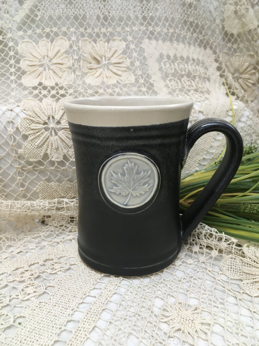 Medallion Large Mug, Maple Leaf, Black & White - Pavlo Pottery - Canadian Handmade