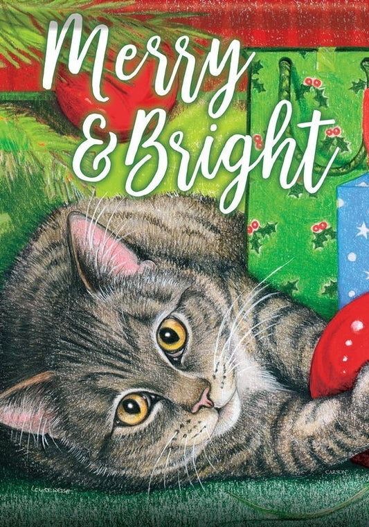 Santa's Helper - "Merry and Bright" - Cat - Garden Flag - 12.5 " x 18"