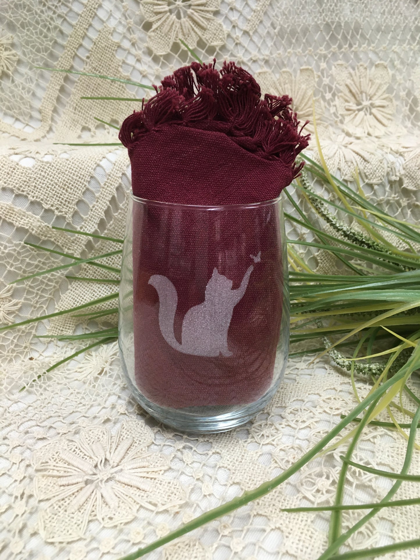 Wine Cup - Cat - Stemless - Etched Glass - Canadiana Collection