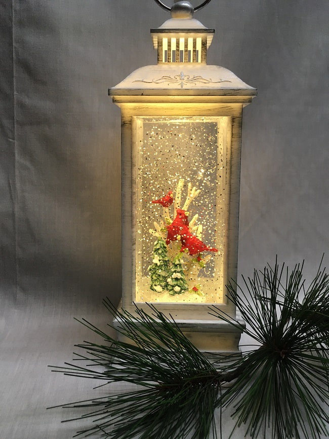 Water Lantern with Cardinals - White - Lights up and Blows glittering Snow - includes adapter cord