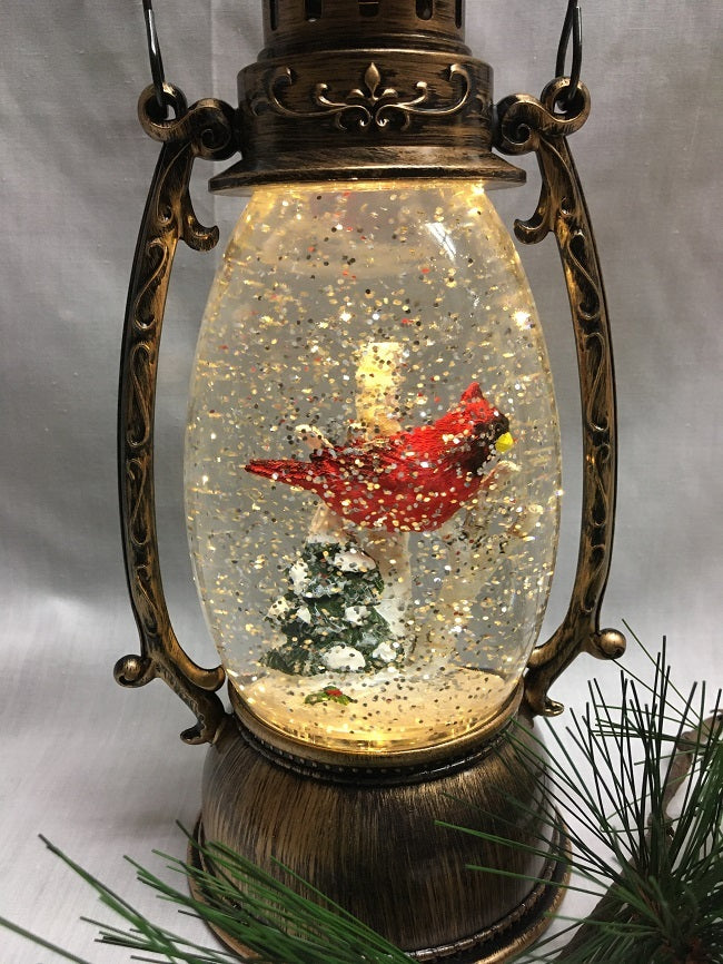 Water Lantern with Cardinal and Birch Tree - Bronze LED - Lights up and Blows glittering Snow - includes adapter cord