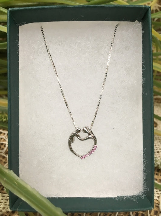 Birthstone Heart Necklace - J - October - Mother and Child - Sterling Silver Pendant with Cubic Zirconian Stones and 18 inch chain