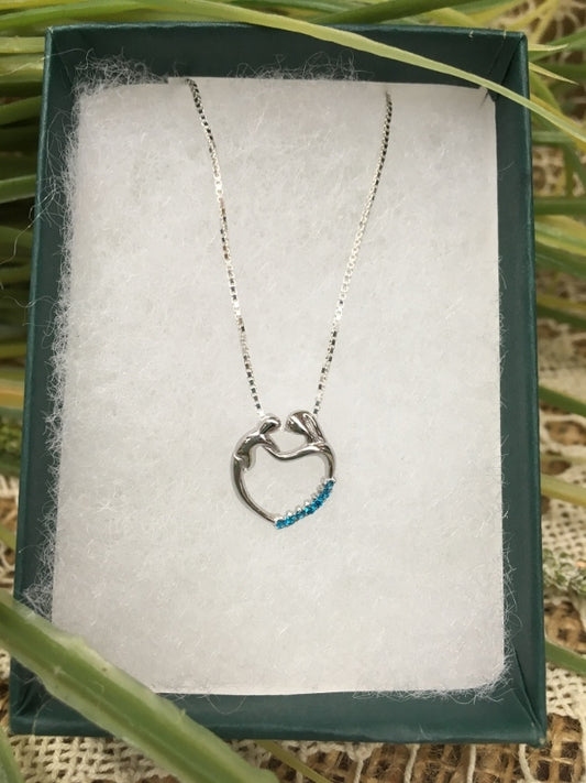 Birthstone Heart Necklace - L - December - Mother and Child Sterling Silver Pendant with Cubic Zirconian Stones and 18 inch chain