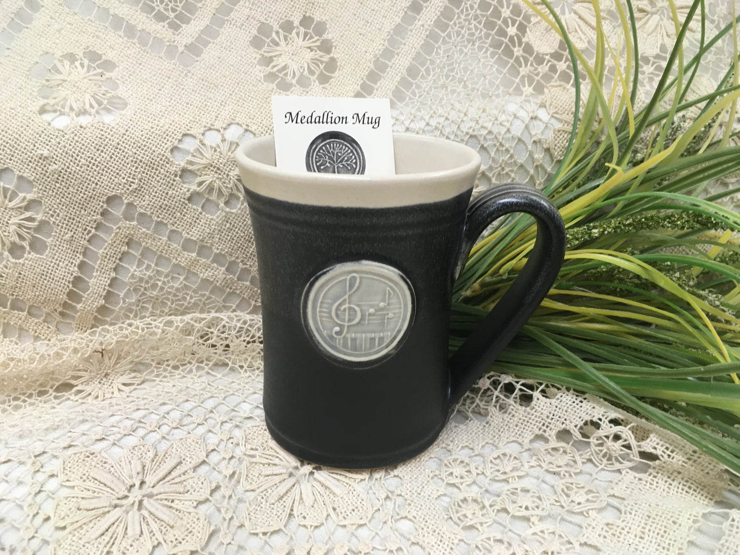 Medallion Large Mug, Music - Black & White - Pavlo Pottery - Canadian Handmade