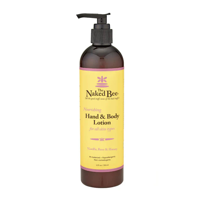Hand & Body Lotion 12 oz Pump Bottle - Vanilla, Rose & Honey - The Naked Bee