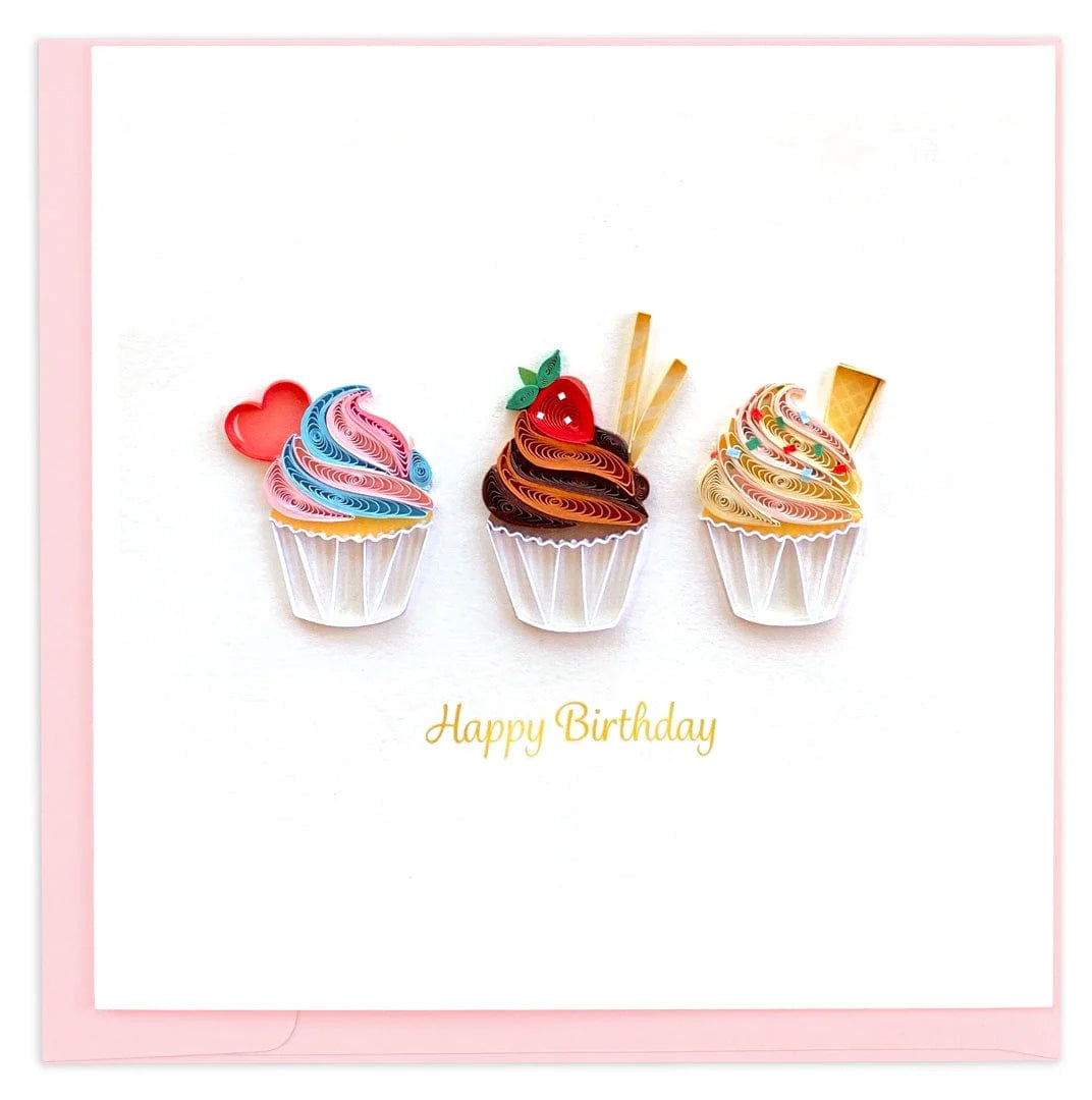 Quilling Card - Birthday Cupcake Trio - handcrafted - Blank inside