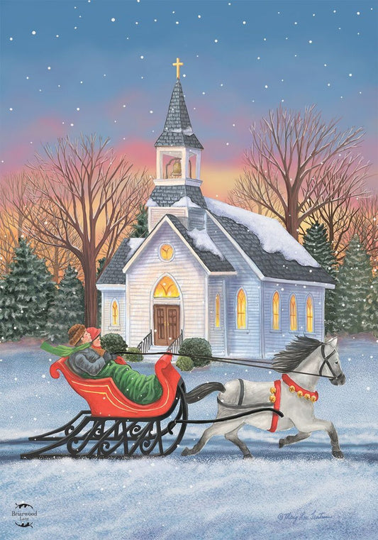 One Horse Open Sleigh - with Church - Garden Flag - Christmas/Winter - 12.5 " x 18"