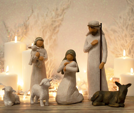 Willow Tree: Nativity Collection - Holy Family Set - 6 pieces with Mary and child, Joseph, 2 sheep, donkey and shepherd