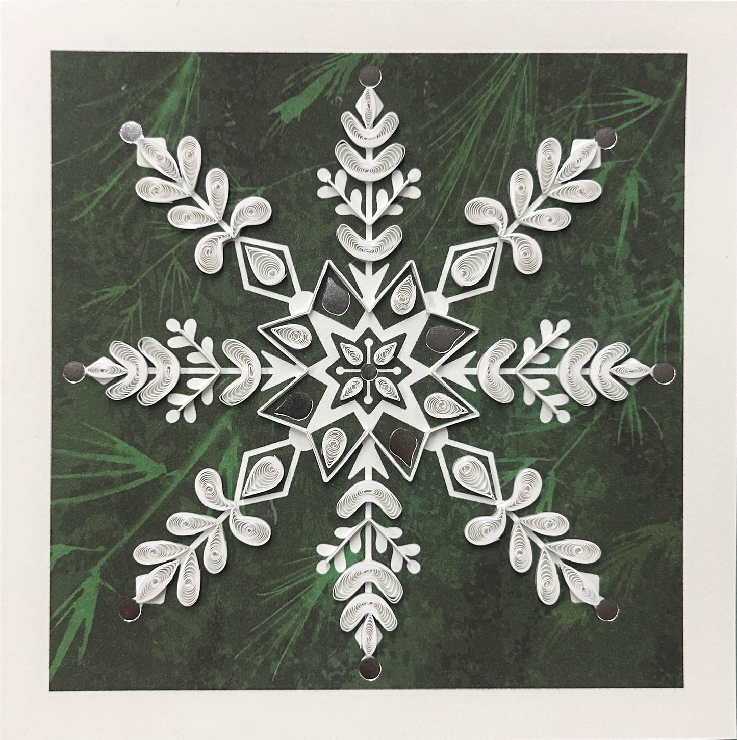Quilling Card - Christmas - Snowflake on Pine - handcrafted - Blank inside