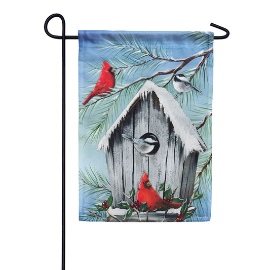 Winter Song - Cardinals and Chickadees on a birdhouse - Garden Flag