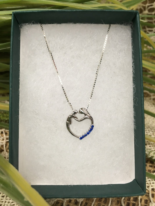 Birthstone Heart Necklace - I - September - Mother and Child - Sterling Silver Pendant with Cubic Zirconian Stones and 18 inch chain