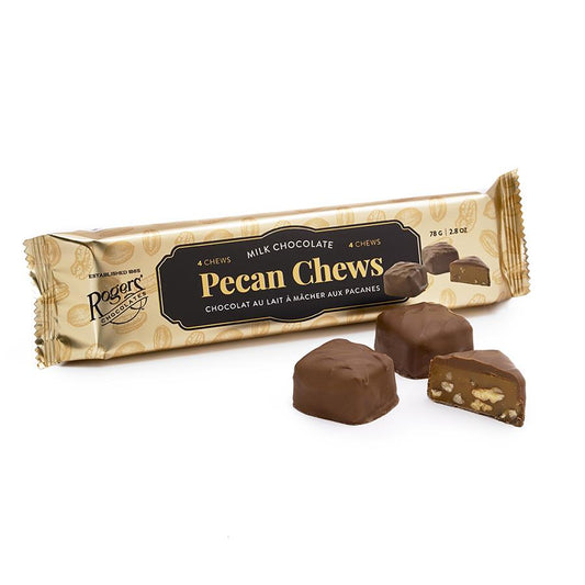 Pecan Chews Caramels - Milk Chocolate - 4 squares - sleeve pkg - Rogers Chocolates