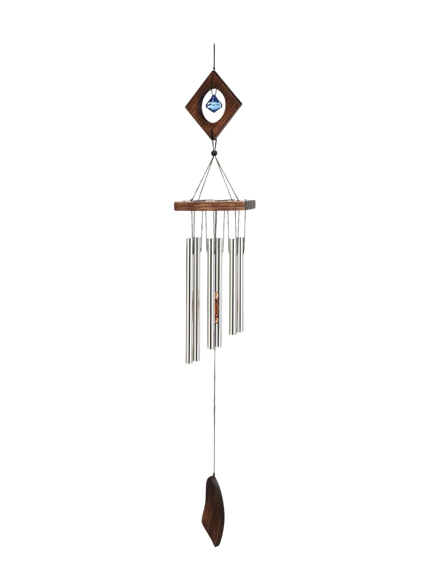 Chime - 35" - Silver Tubes and Light Brown Wood with Blue Crystal