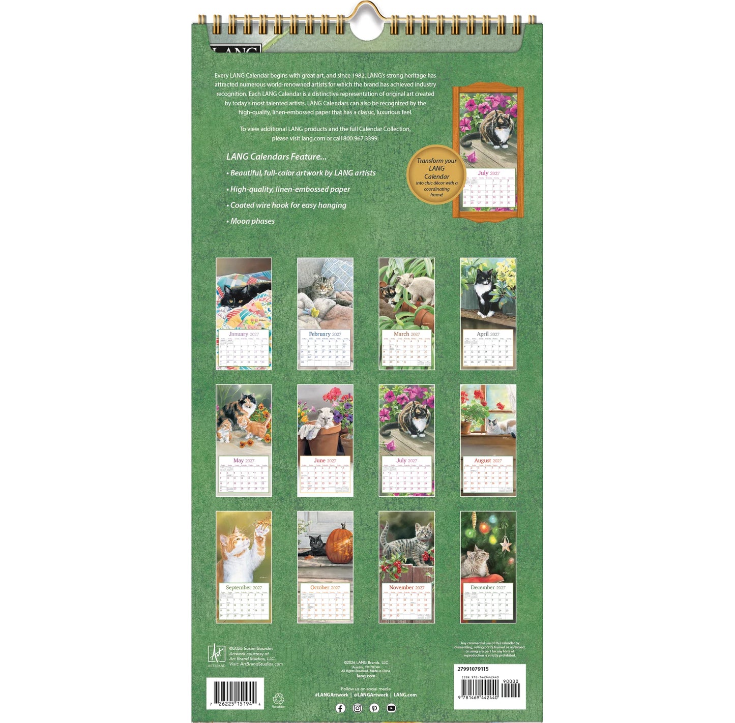 Lang Spiral Top Vertical Calendar - Cats in the Country - Susan Bourdet