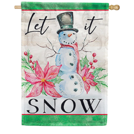 Let It Snow - Snowman with Pointsettias - Glitter Flag