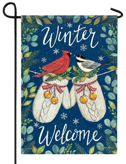 Mittens and Birds - Winter Welcome with Chickadee and Cardinal - Foil  Flag