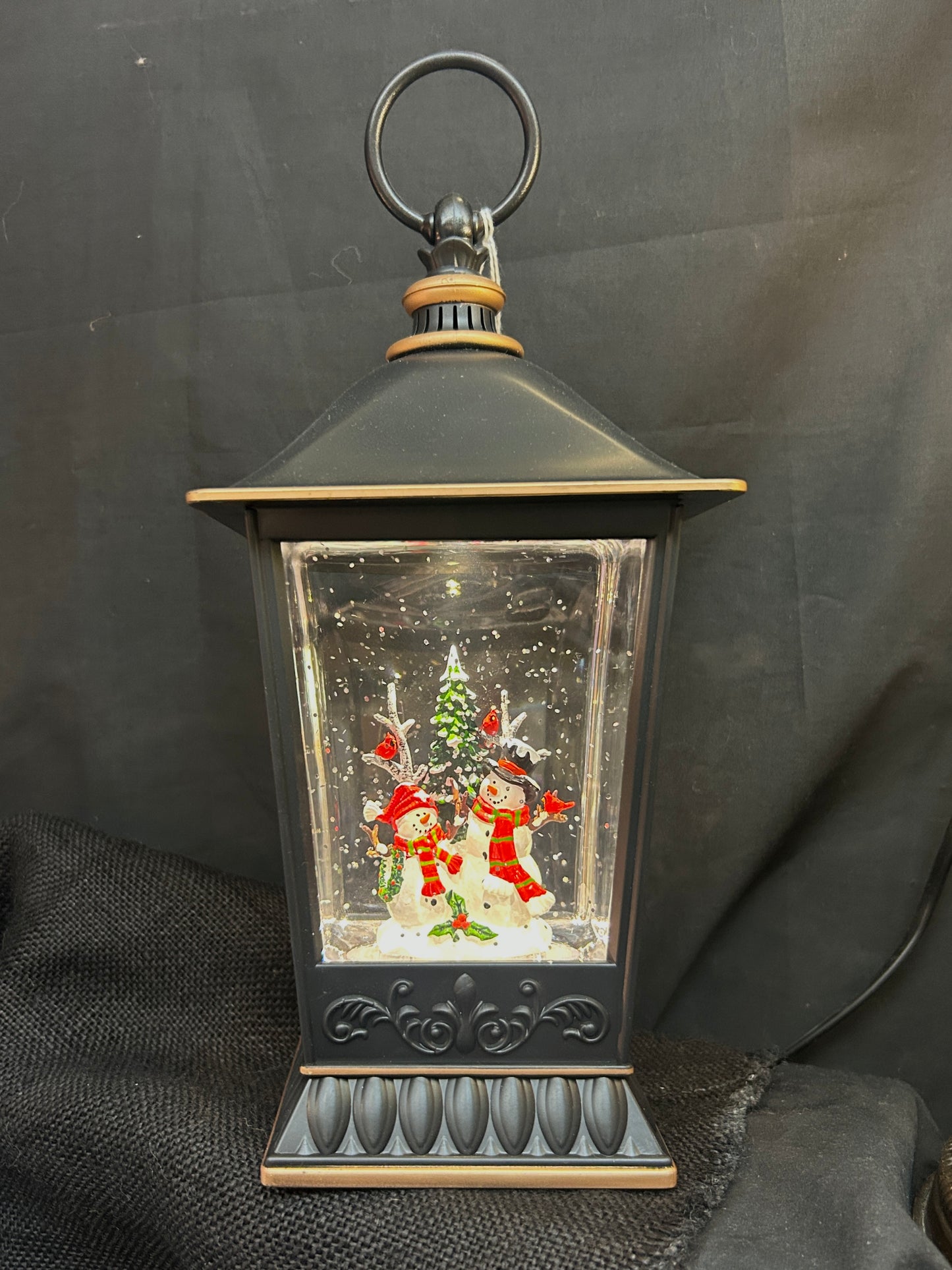 Water Lantern with Snowmen Family - Black and Bronze - Cord Included - Lights up and blows glittery snow