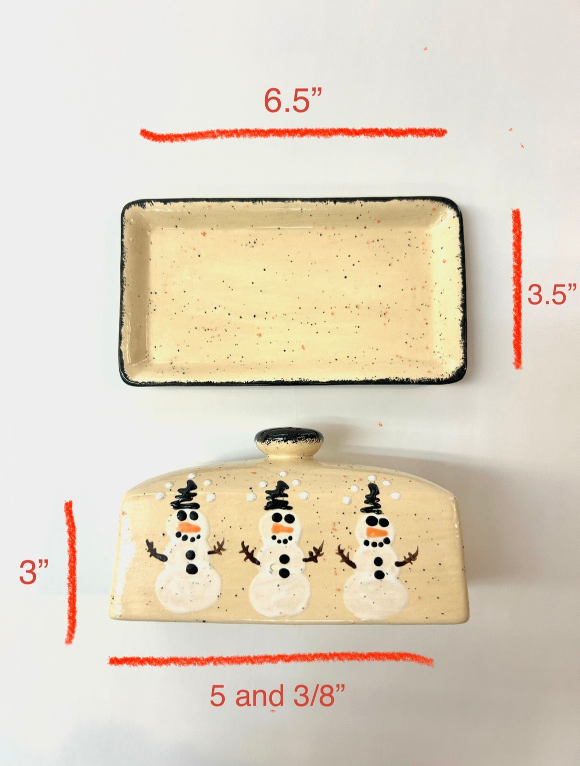 Rectangular Butter Dish - Snowman - Canadian Handmade by Ed Lucier