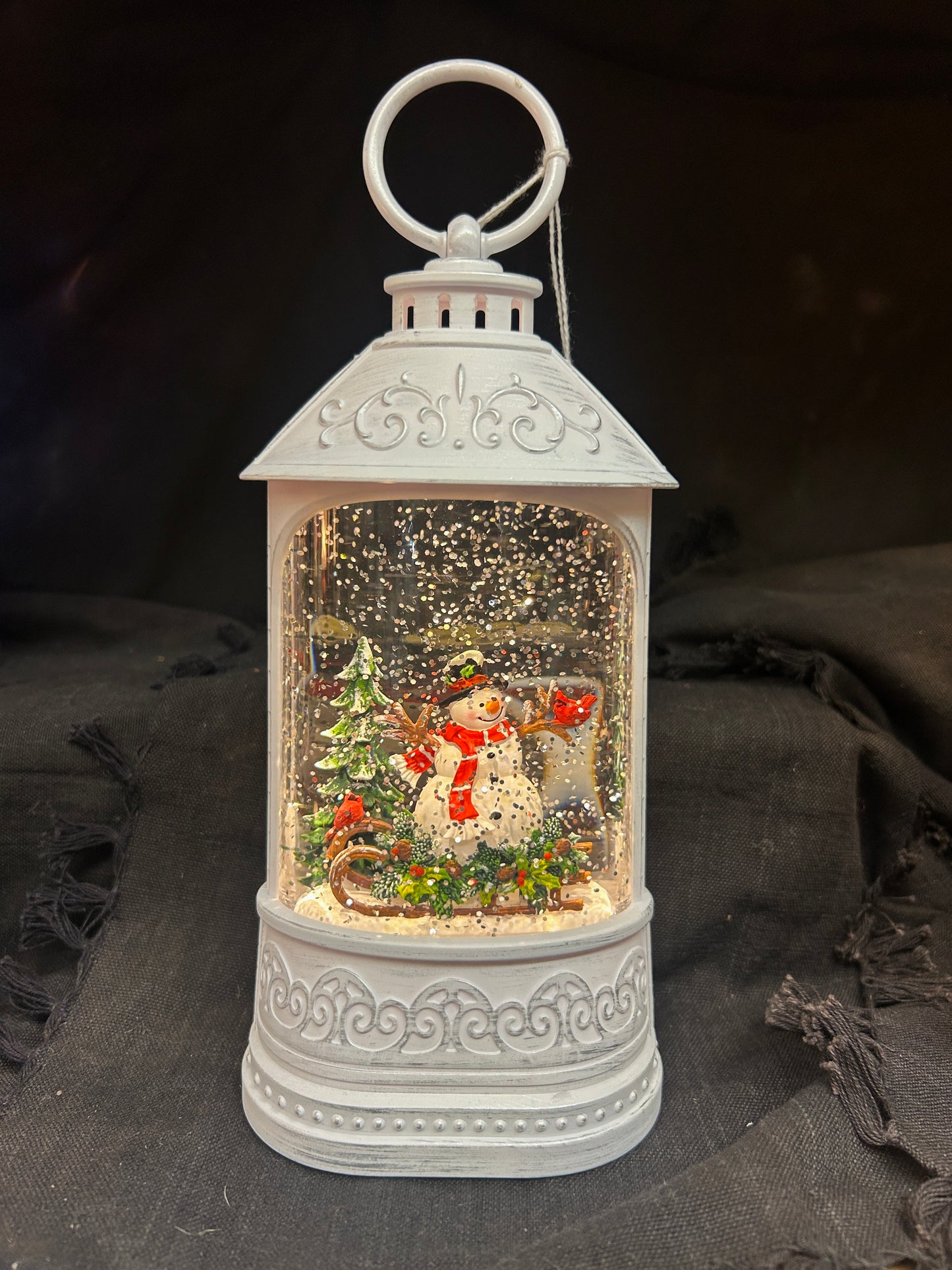 Water Lantern Snowman with Cardinals - White - lights up and blows glittering snow - cord included