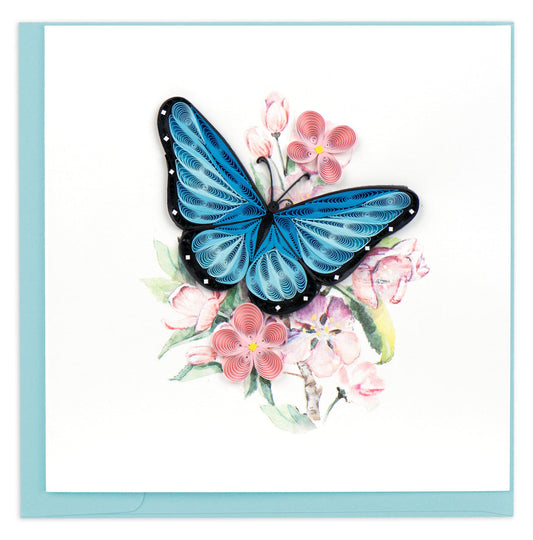 Quilling Card - Blue Butterfly & Pink Flowers - handcrafted - Blank inside
