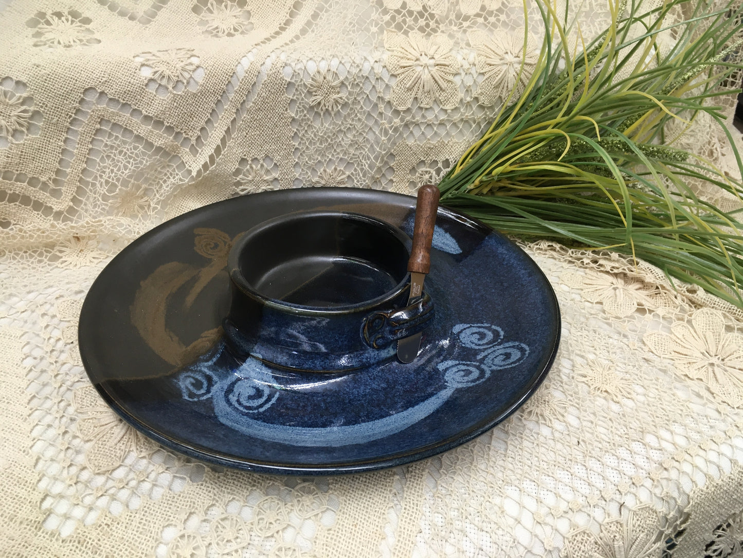 Chip & Dip / Veggie Dish Medium, Blue Stone - Pavlo Pottery- Canadian Handmade