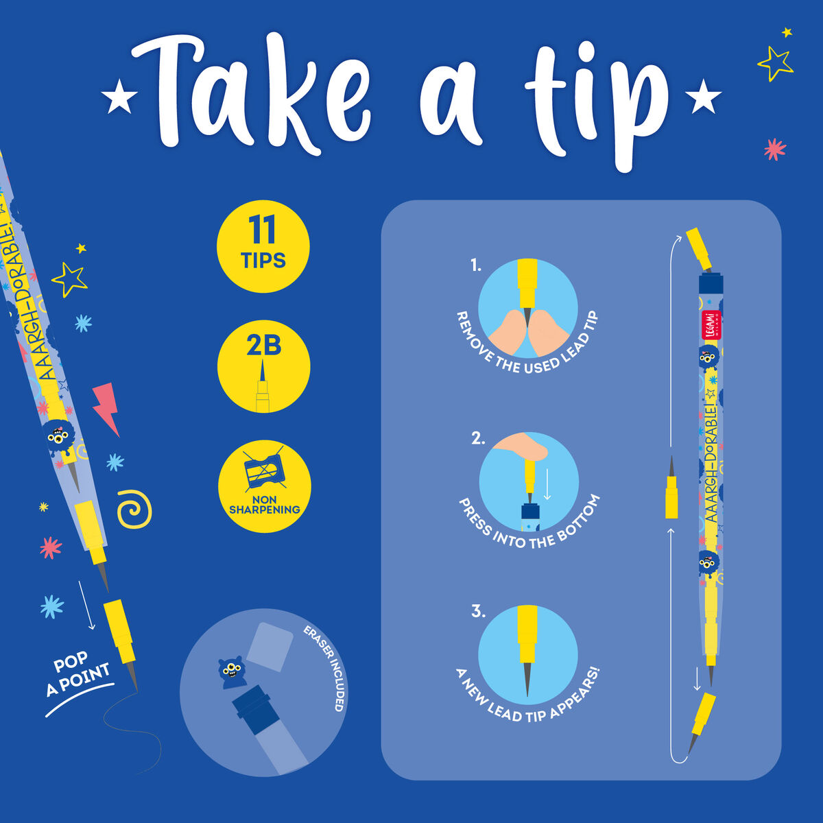 Take a Tip - Monster Stackable Pencil with Eraser - Legami