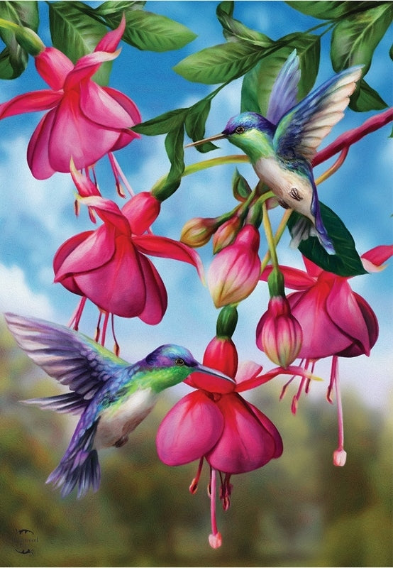Flight of the Hummingbirds - with Fushia Flowers - Garden Flag - 12.5 " x 18"