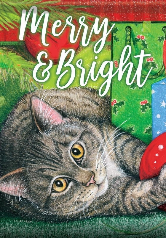 Santa's Helper - "Merry and Bright" - Cat - Garden Flag - 12.5 " x 18"