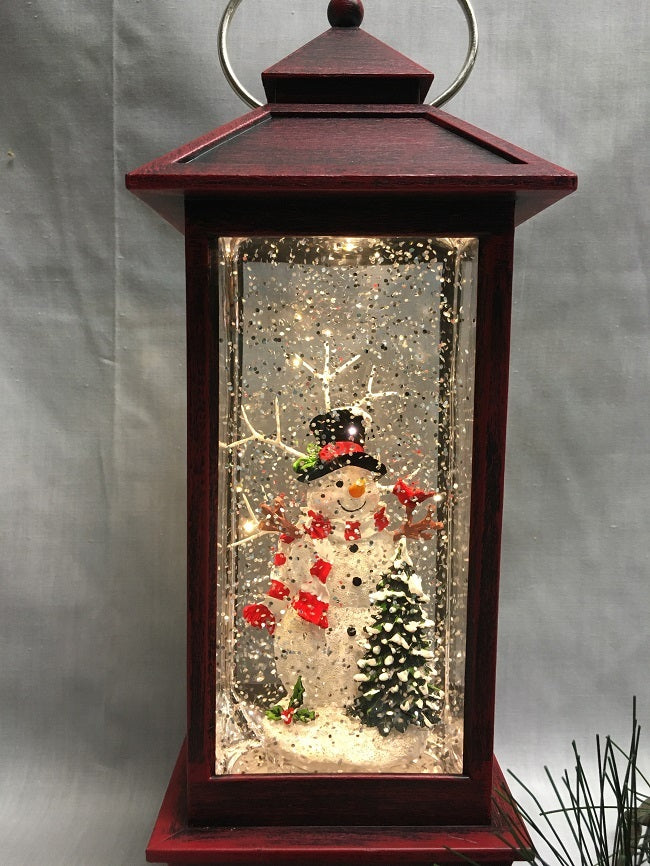 Water Lantern with Snowman Scene - 11 inches Red - Lights up and Blows glittering Snow - usb adapter cord included