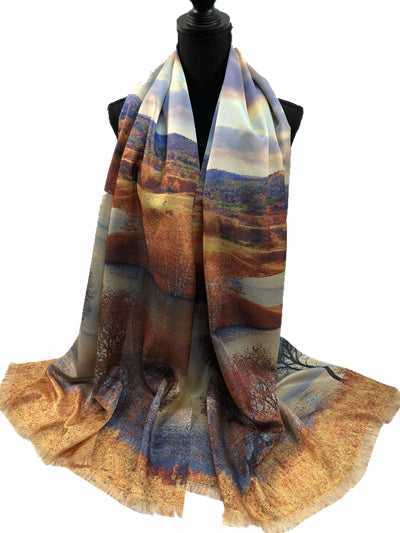 Oil Painting Scarf - 30% Seta Silk - Fall Tree Landscape