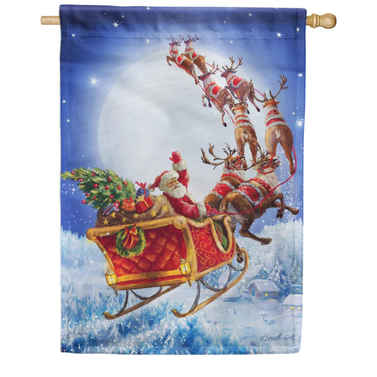 Good Night - Santa Flying with Reindeers - Garden Flag
