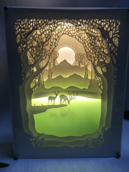 Sunset - Two Deer at Pond - Paper Art Led Light Box