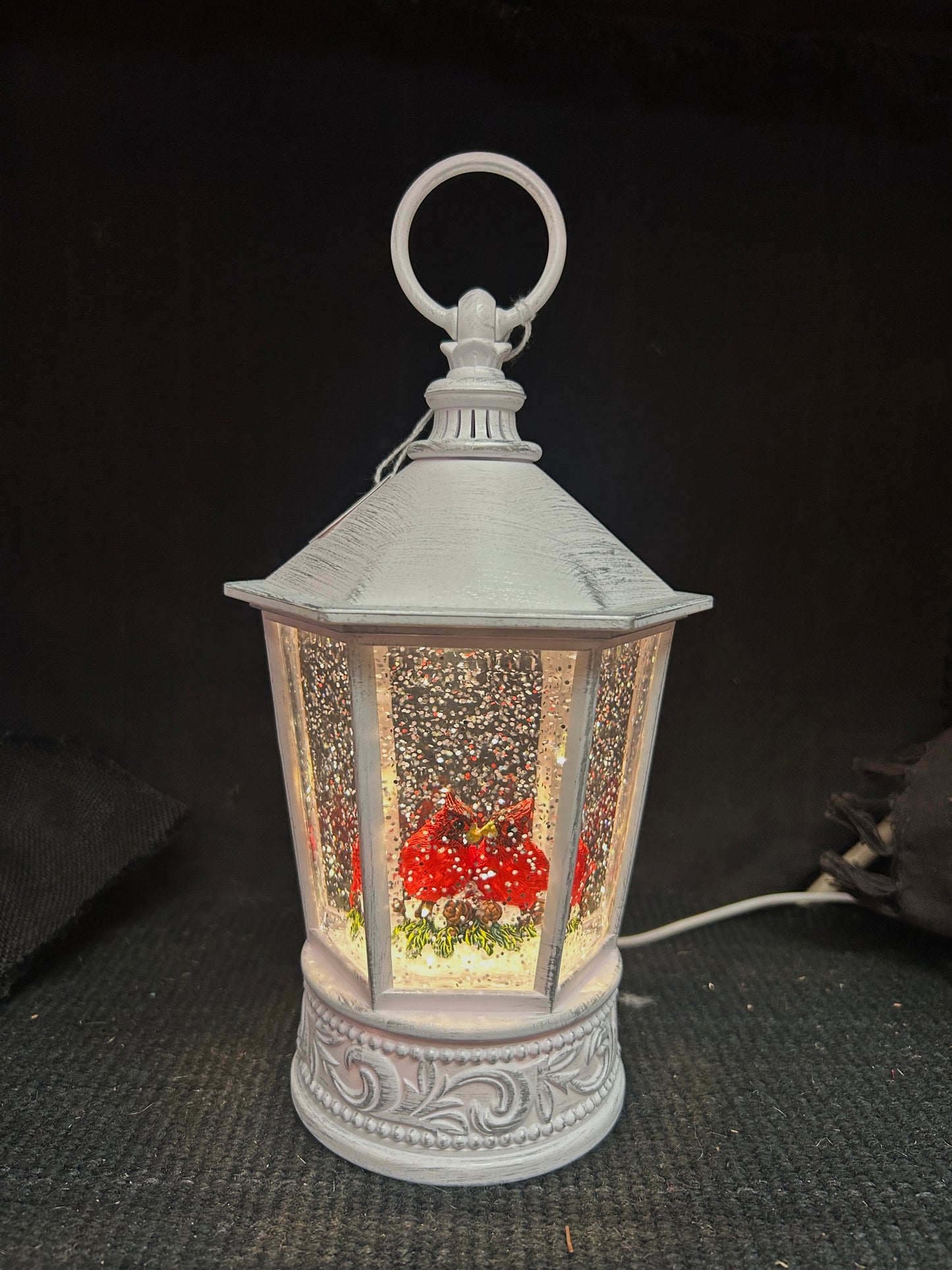 Water Lantern with Cardinal Pair - lights up and blows glittering snow - cord included