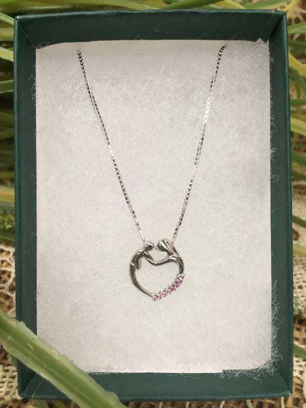 Birthstone Heart Necklace - J - October - Mother and Child - Sterling Silver Pendant with Cubic Zirconian Stones and 18 inch chain
