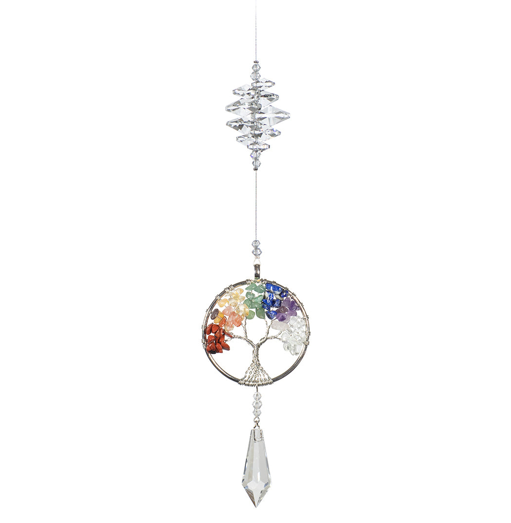 Tree of Life in Circle - Wire with coloured stones, AB/Clear Crystals and Clear Crystal Drop - Crystal Suncatcher - Canadian Handmade Rainbow Maker