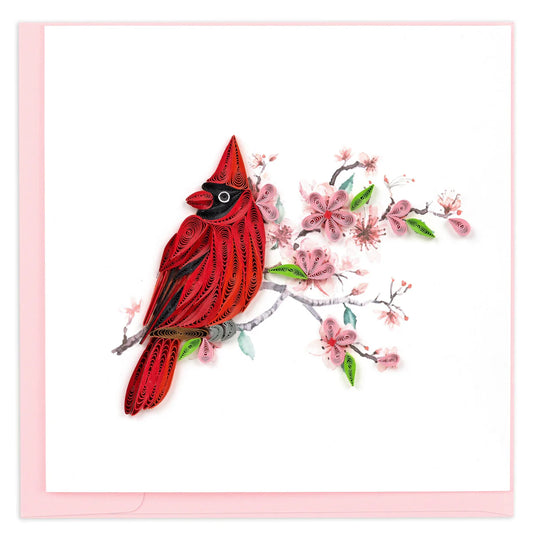 Quilling Card - Cardinal & Cherry Blossom - handcrafted - Blank inside