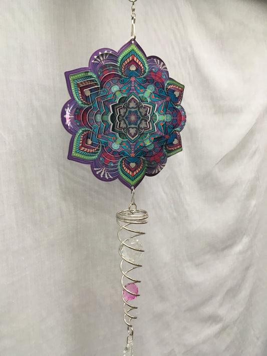 Spinner Set - Lotus Mandala Small Wind Spinner with Twister Spiral double crystal Tail