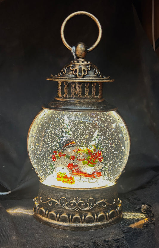 Water Lantern with Snowmen - Bronze and Black - Lights up and Blows glittering Snow With Optional Music - includes adapter cord