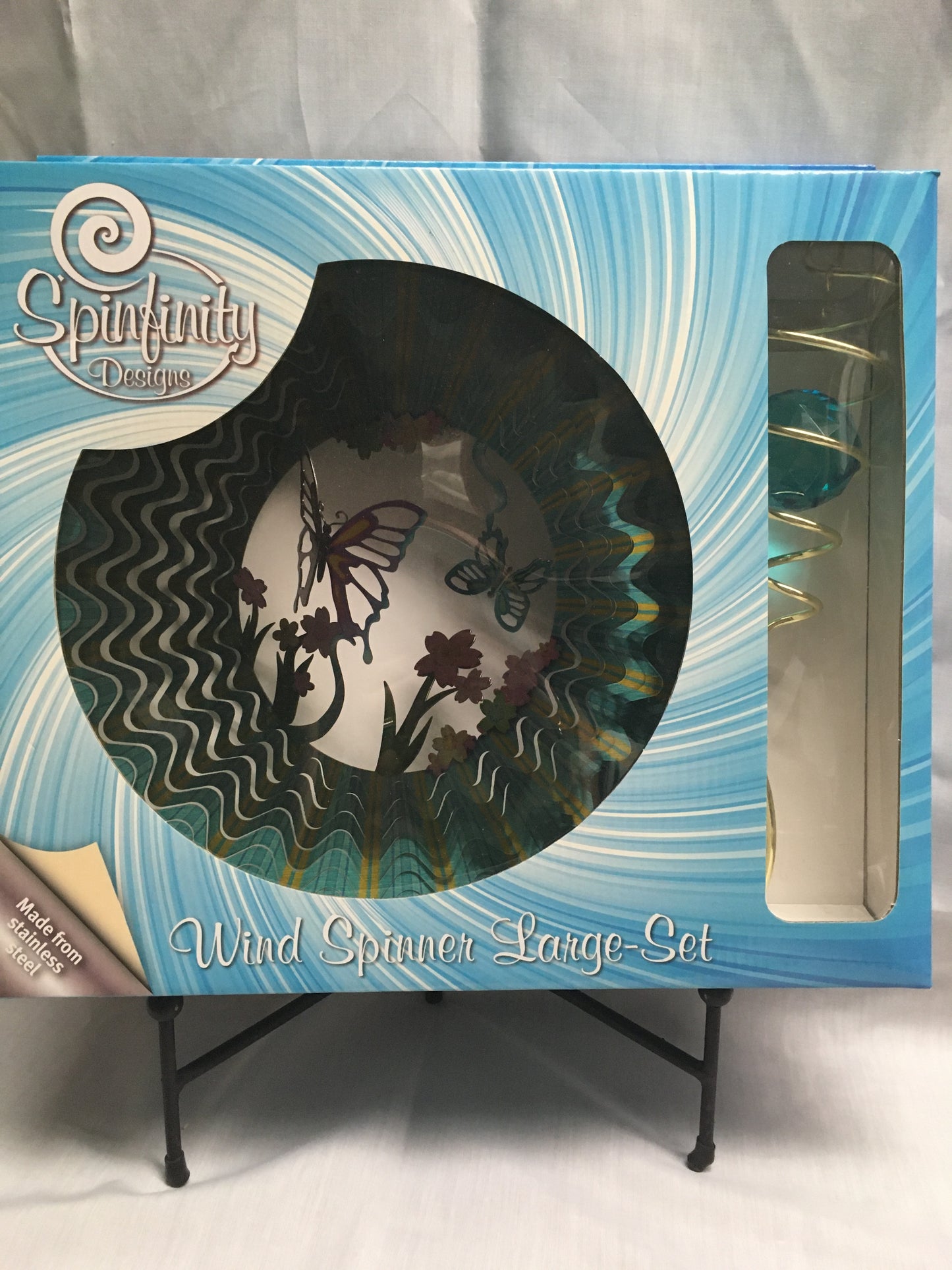 Spinner Set Large - Butterfly Blue - Cut out design Wind Spinner with Blue/Aqua Spiral Crystal Tail