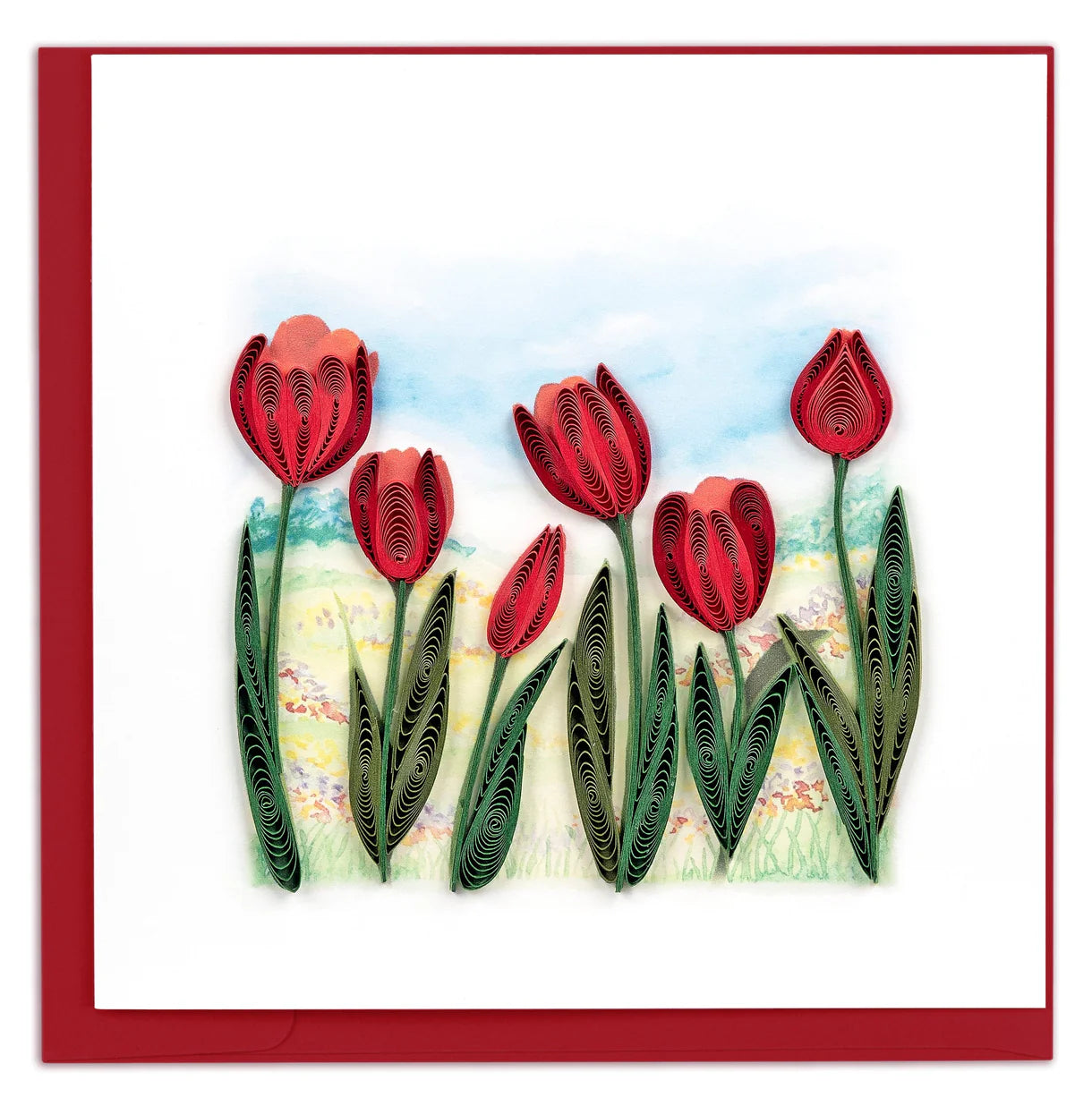 Quilling Card - Red Tulip Field - handcrafted - Blank inside