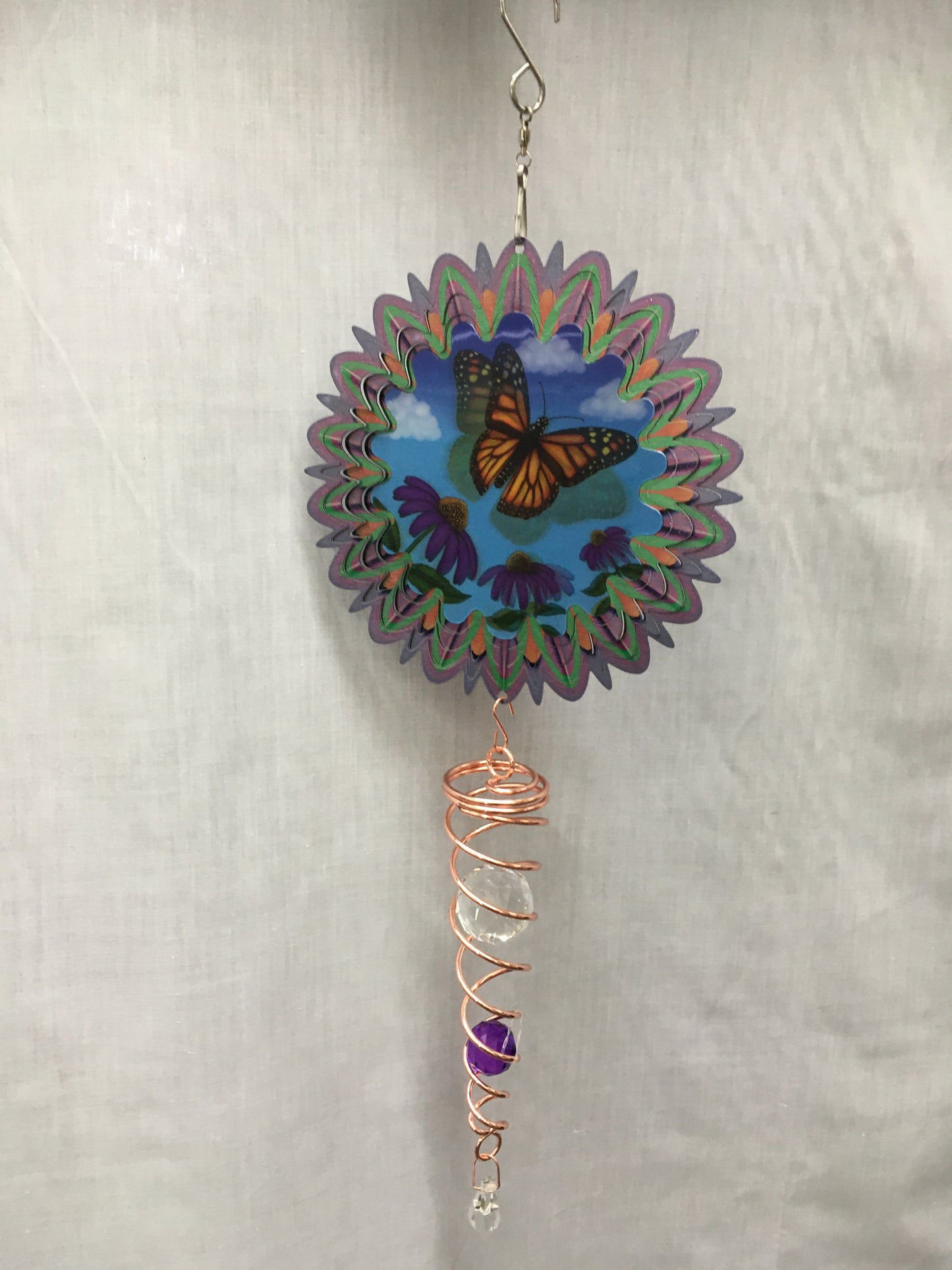 Spinner Set - Monarch Butterfly Small  Animated Wind Spinner with Twister Spiral double crystal Tail