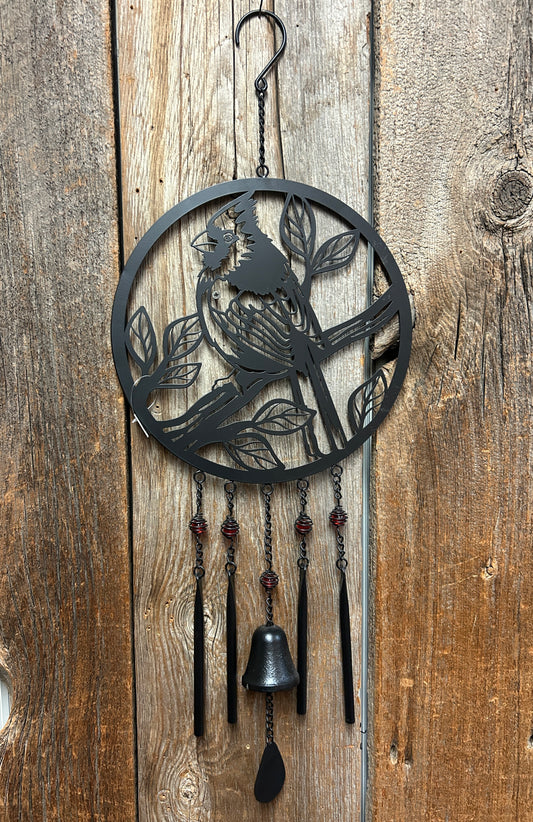 Chime - Cardinal on Branch - Black Die Cut Disc with Bell and Tubes