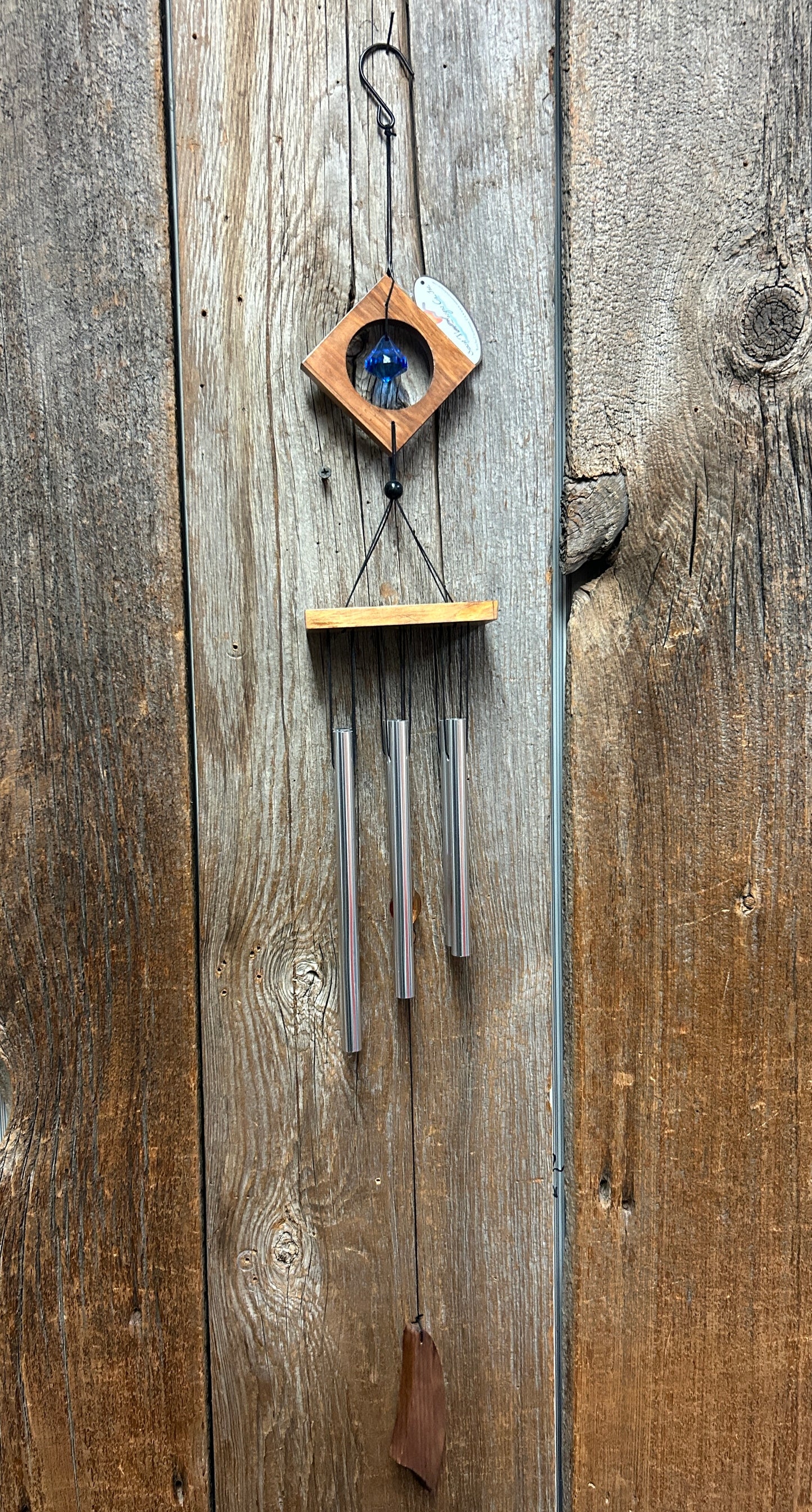 Chime - 35" - Silver Tubes and Light Brown Wood with Blue Crystal