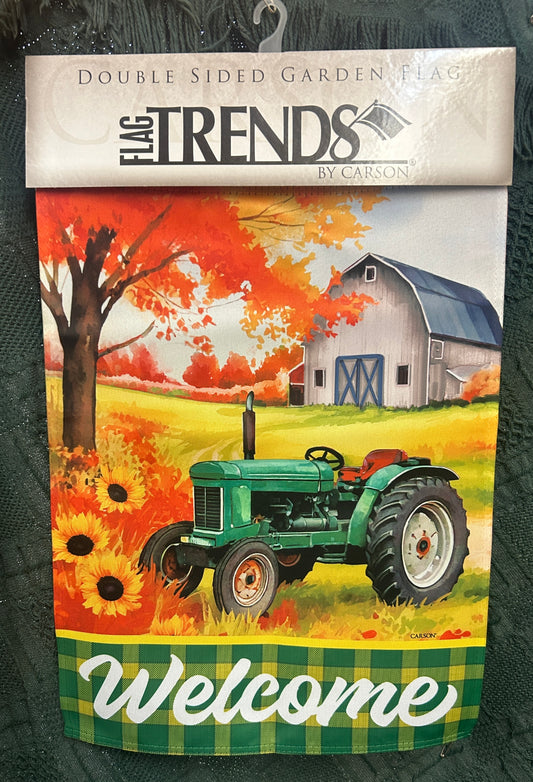 Green Tractor - Welcome - Garden Flag - 12.5" x 18"