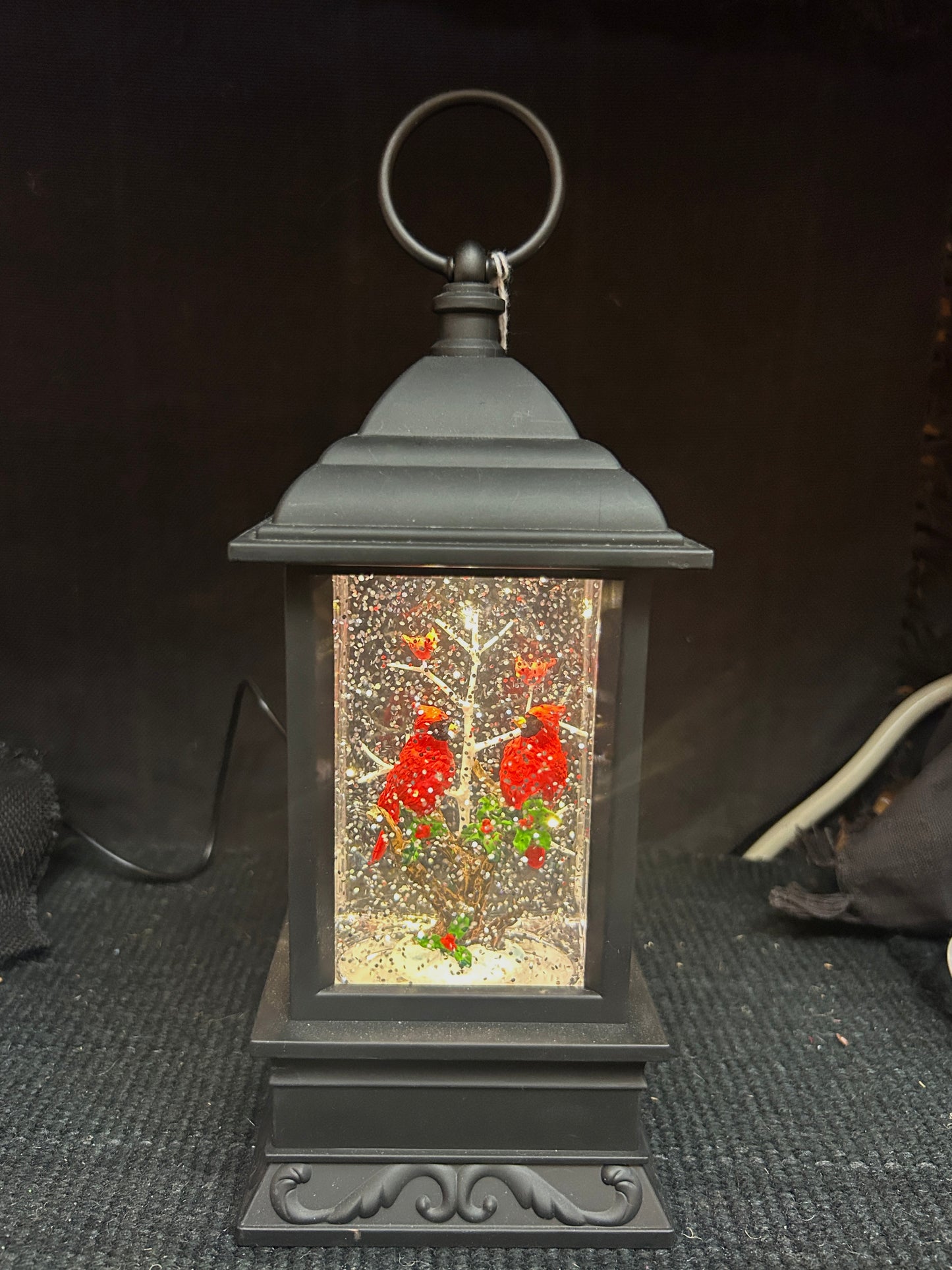 Water Lantern with Cardinal Pair - Lights up and Blows glittering Snow - includes adapter cord