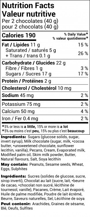Pecan Chews Caramels - Milk Chocolate - 4 squares - sleeve pkg - Rogers Chocolates