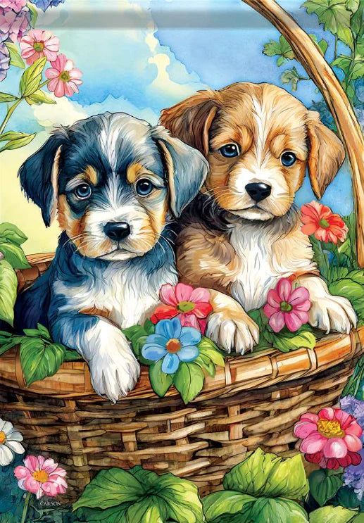 Puppies in Basket - Garden Flag - 12.5" x 18"
