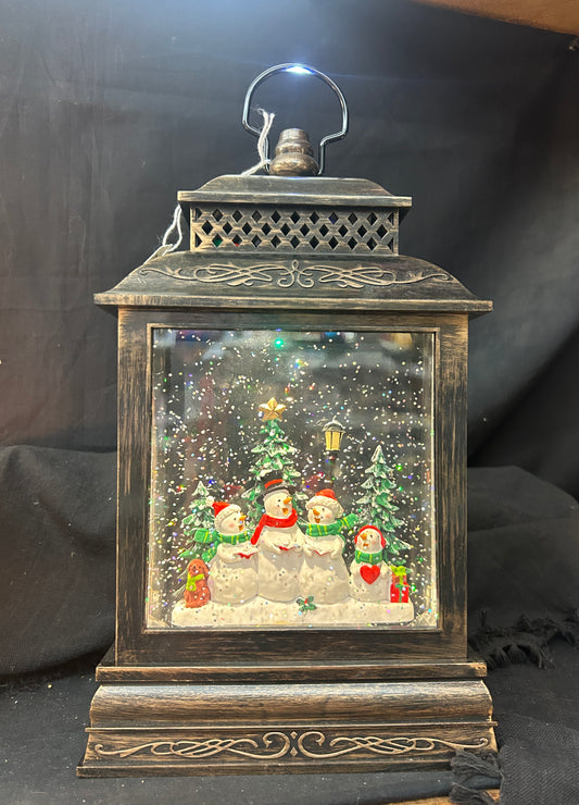 Water Lantern with Snowmen Family Carrolling - Bronze - Lights up plays music and blows glittery snow